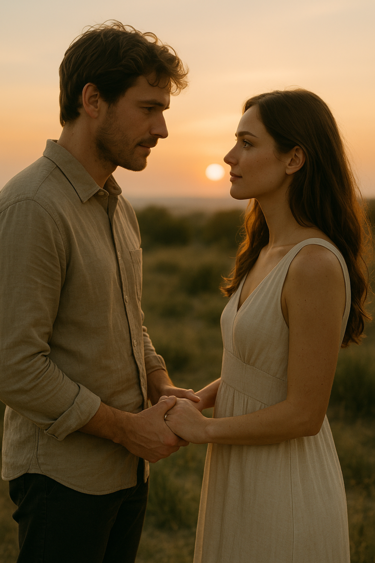 Couple standing close, holding hands and looking at each other during sunset in a field.